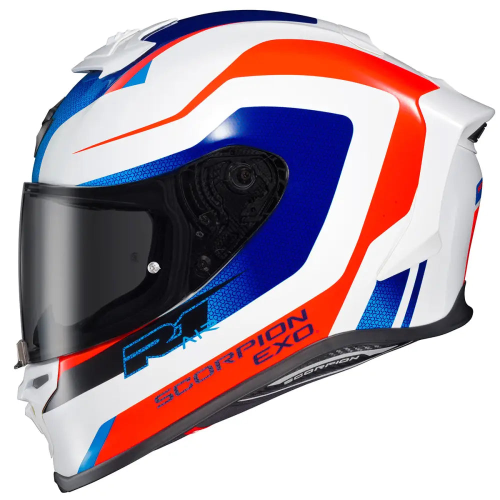 CASCO SCORPION EXO-R1 HIVE ROJO BLANCO AZUL BRILLOSO