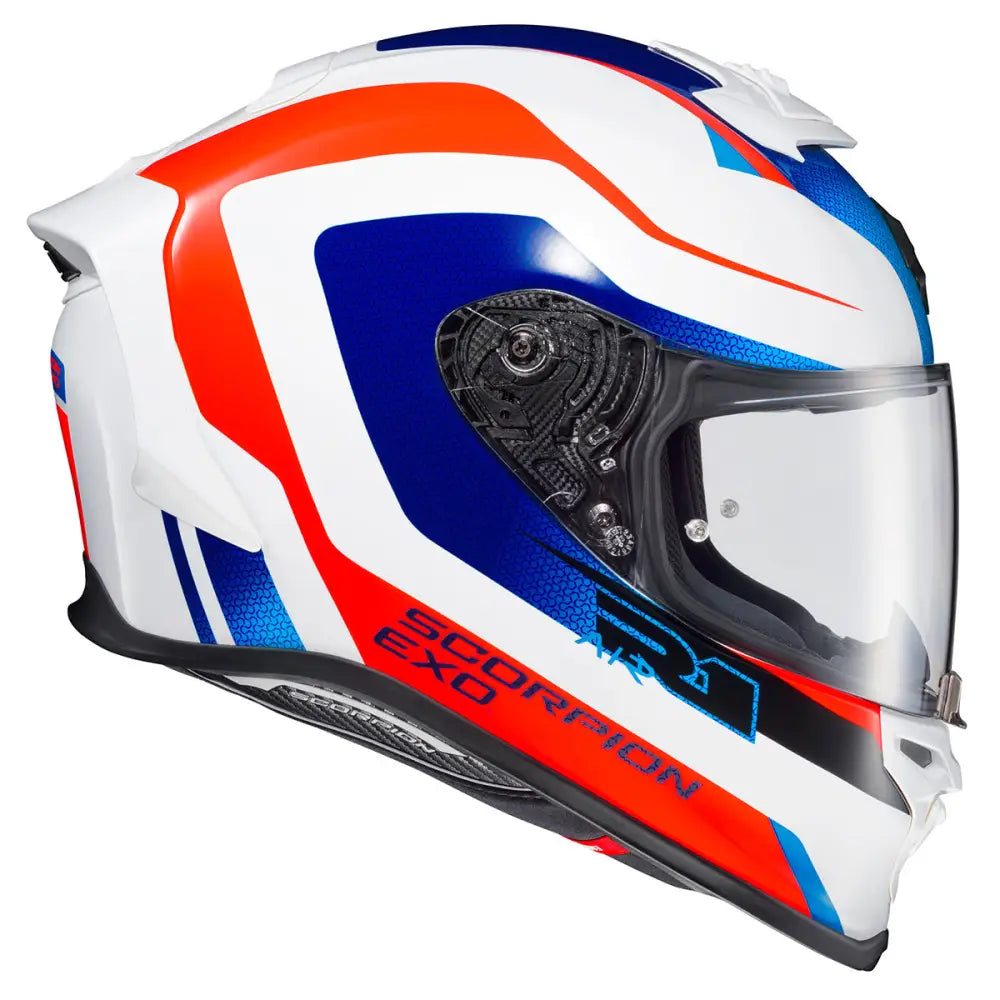 CASCO SCORPION EXO-R1 HIVE ROJO BLANCO AZUL BRILLOSO